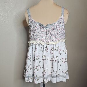Ian Mosh Strawberry Print Floral Sleeveless Babydoll Tank Top with Ruffle Trim